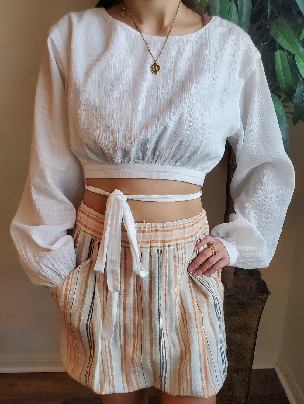 Third Form White Long Sleeve Open Back Crop Top with Wrap Tie